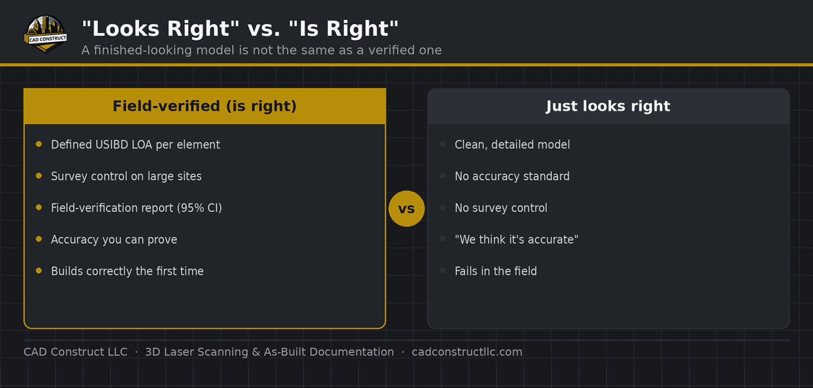 Looks right vs is right — a field-verified as-built (defined LOA, survey control, verification report) versus a model that only looks finished | CAD Construct LLC