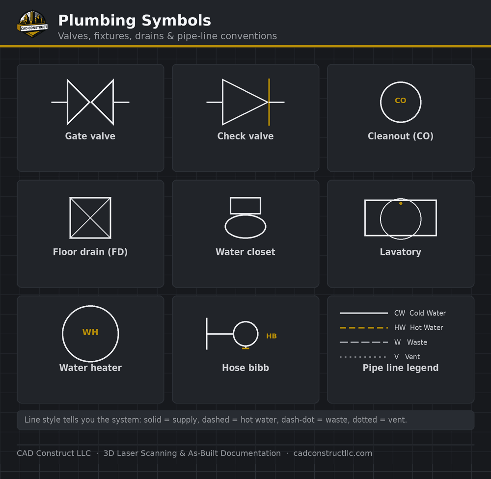 Plumbing plan symbols guide — common drawing symbols | CAD Construct LLC