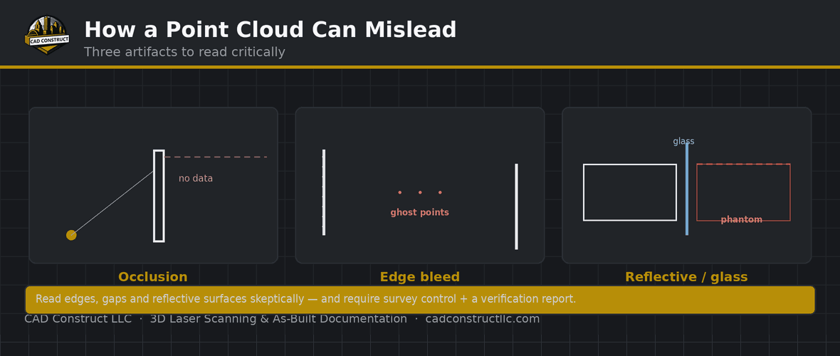 Point cloud artifacts diagram — occlusion shadows, edge bleed / mixed pixels, and reflective glass phantom geometry | CAD Construct LLC