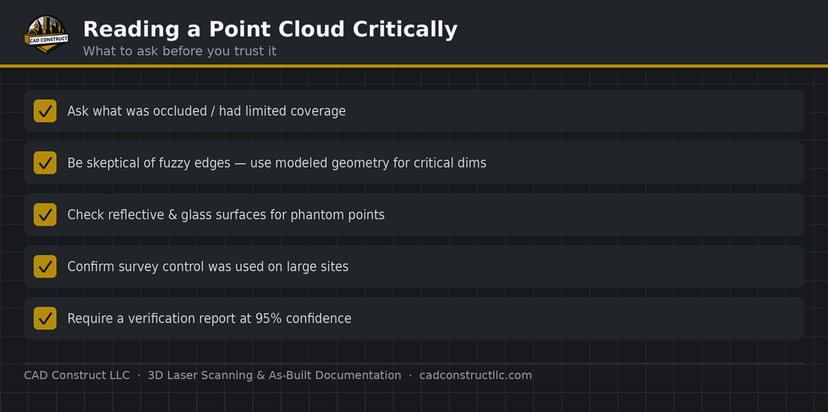 Checklist for reading a point cloud critically — occlusion, edges, reflective surfaces, survey control, verification report | CAD Construct LLC