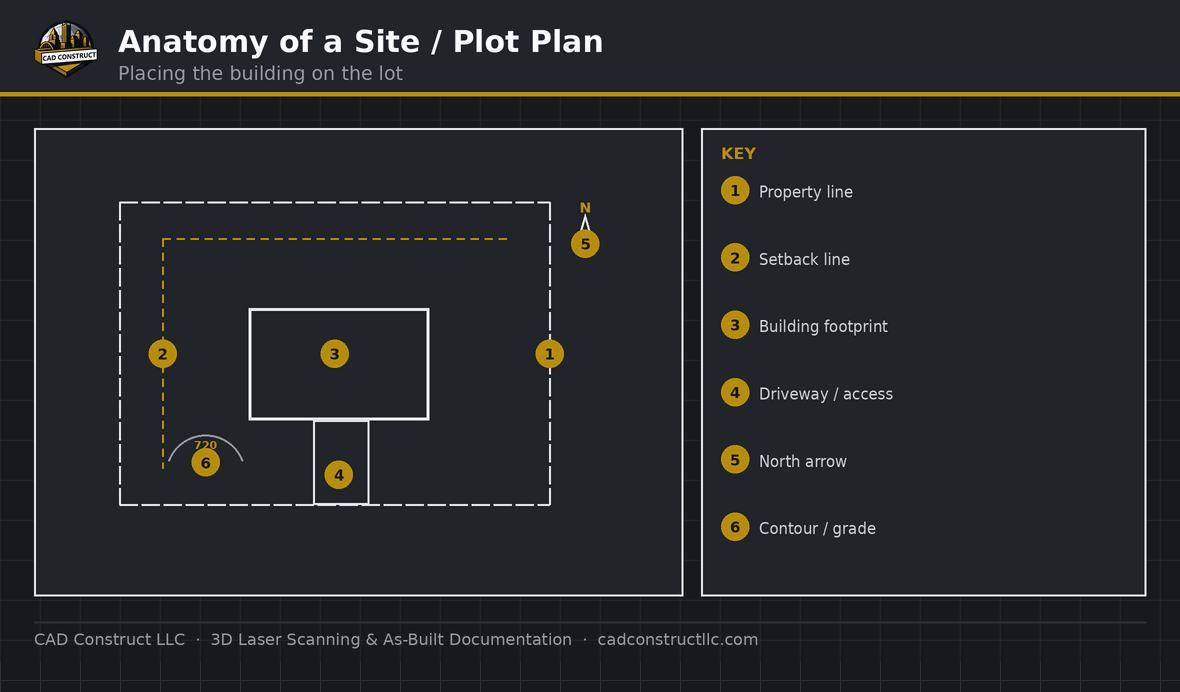 Anatomy of a site & plot plan — key elements labeled | CAD Construct LLC